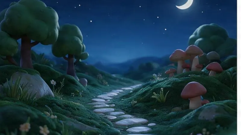 Moss Land, which Mindful Meadows is the daytime corner of Moss Land at night, its stepping-stone path winding through the moss — sleep meditation for kids, using only published techniques