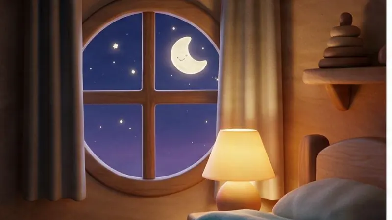 Bedtime stories for kids — Tardy’s bedroom, where the route ends Tardy’s bedroom, the lamp lit and the moon at the round window — bedtime stories for kids, where the route ends