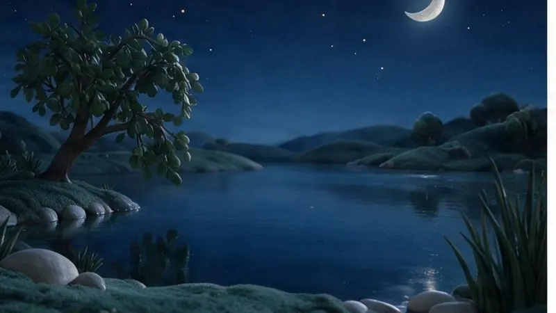 The Sleepy Lake, kept flat by the Hush The Sleepy Lake at night, its water held flat and still under a crescent moon — calming stories for kids, told one rung at a time