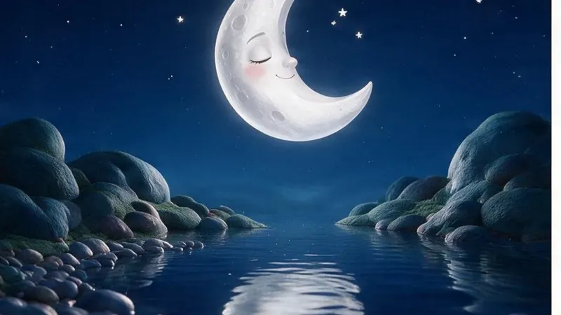 The Starlit Shore, the threshold between the lake and the sea The Starlit Shore, the moon and the stars reflected in still water — bedtime stories for kids, told one place at a time